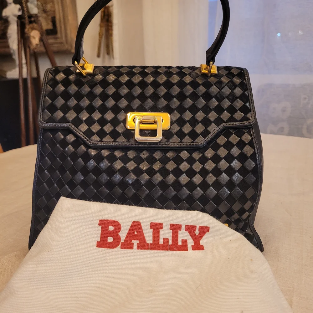 Bally Black Woven Leather Top-Handle Satchel with Gold Hardware $850